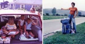 Left: Three children sit in the back of a car with an adult standing beside, parked near a house. Right: A woman stands by a road with a backpack, hitchhiking with her thumb out.