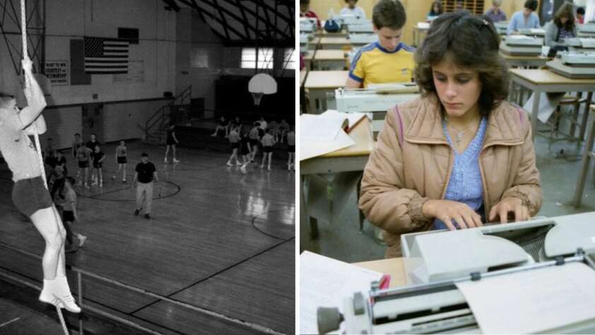 Left: A vintage black-and-white photo of a person climbing a rope in a gymnasium with a group watching. Right: A color photo of a young person typing on a typewriter in a classroom filled with similar typewriters.