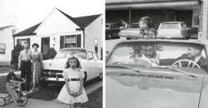 A black-and-white split image: left side shows a family with two parents and two children in front of a house and vintage car; right side shows three kids smiling inside a classic car parked in a driveway.