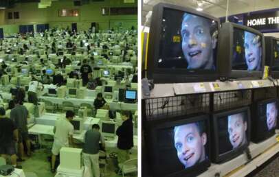 Left: A large room with rows of people using computers, possibly at a LAN party. Right: A store display with multiple CRT televisions, all showing the same close-up of a man's face with an excited expression.
