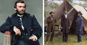 Left: A colorized portrait of a historical figure in a military uniform. Right: A colorized historical photo of three men, one in a tall hat, standing outside a tent with trees in the background.