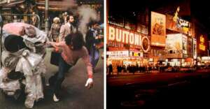 Left: A person pushes a cart with large fabric rolls through a busy urban street. Right: A nighttime view of Times Square with brightly lit advertisements and theater marquees.