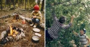 Left: A child in a red hat sits near a campfire in a forest, with a pot and food on the ground. Right: An adult and a child pick apples from a tree, surrounded by green leaves.