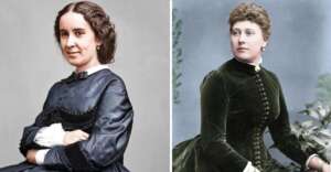 Two women from the 19th century in colorized portraits: the left woman wears a dark blue dress with white cuffs and has curly brown hair; the right woman wears a dark green dress with buttons and has light brown hair styled up.