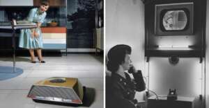 Left: A woman in a vintage dress looks at a robotic vacuum in a retro-styled kitchen. Right: A woman sits and watches a small screen displaying a video call, holding a phone, with 1940s-style decor.