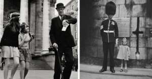 Left: Two girls smile up at a man in a suit and bowler hat who checks his watch near stone steps. Right: A young girl stands beside a British royal guard in uniform outside a stone building.