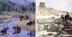 Left side: People on horseback crossing a stream in a forested area with mountains in the background. Right side: Workers laying railway tracks in a desert landscape with a large mesa nearby.