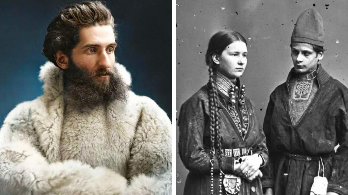 On the left, a bearded man in a furry white coat looks sideways. On the right, a black-and-white photo shows a woman with braids and a man in traditional attire, both standing and facing forward.