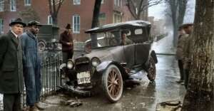 A damaged vintage car with a crooked front wheel is parked on a wet street. Five men stand nearby, looking at the scene, with old buildings and trees in the background on a dreary day.