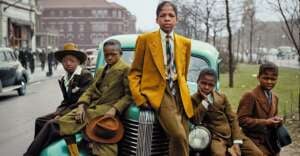 Five boys in colorful suits sit and lean on a vintage car parked on a city street, with trees and buildings in the background. The boys have serious expressions and are dressed in 1940s-style clothing.