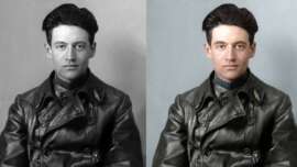 A young man with dark hair wearing a leather jacket is shown in two side-by-side portraits: the left image is black-and-white, and the right image is a colorized version of the same photo.