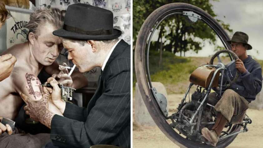 On the left, a man gets a tattoo on his chest from a tattoo artist in a hat. On the right, a man in a hat rides a large, circular, single-wheeled motorcycle outdoors.