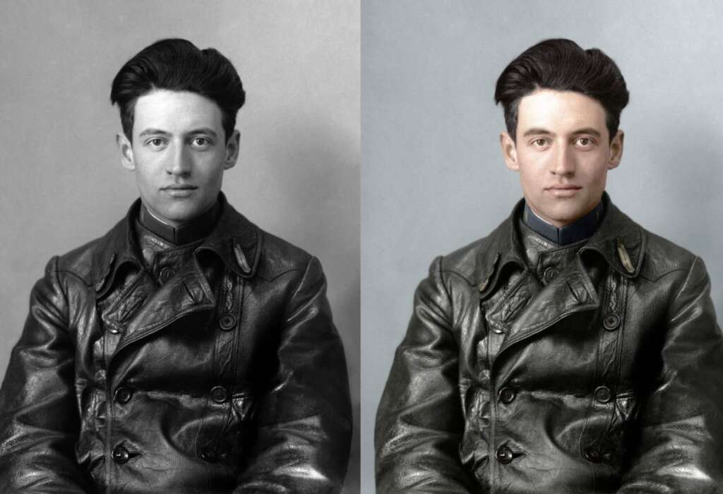 A side-by-side comparison of the same young man in a leather coat: the left photo is black and white, while the right version is colorized, showing his dark hair, light skin, and brown coat against a muted background.