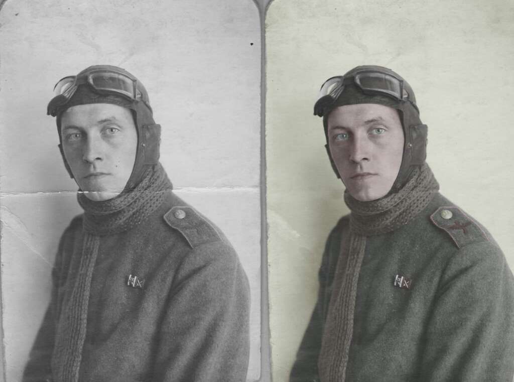A vintage portrait of a young man in aviator gear is shown side by side: on the left in black and white, and on the right colorized, revealing blue eyes, a brown flying helmet, and a gray scarf and coat.