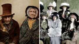 Side-by-side portraits: On the left, an older man and woman in old-fashioned, ragged clothing; on the right, a group of young women wearing elegant hats and luxurious fur coats, posing together.