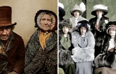Side-by-side portraits: On the left, an older man and woman in old-fashioned, ragged clothing; on the right, a group of young women wearing elegant hats and luxurious fur coats, posing together.