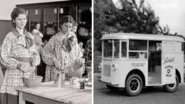 Left: Two young women in vintage clothing mix ingredients in bowls in a kitchen. Right: A vintage milk delivery truck labeled "Vitamin D Milk" is parked outdoors with trees in the background.
