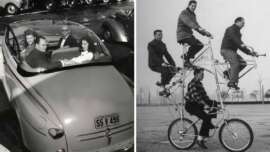 Split image: Left, four people sit in a vintage car with a transparent bubble roof. Right, four men ride a tall, stacked bicycle, each on a different level, in an open area with bare trees in the background.