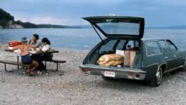 A family sits at a picnic table eating by a lake, while a green station wagon with its trunk open, revealing bags and boxes inside, is parked on a rocky shore under a cloudy sky.