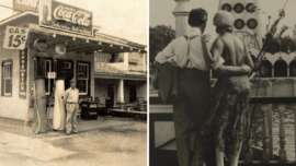 A vintage split image: left side shows a man at an old gas station with Coca-Cola signs; right side shows a couple in 1920s attire standing close, overlooking a waterfront amusement park.