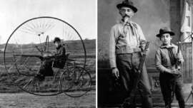 A split image: left side shows a woman riding a large-wheeled, old-fashioned bicycle; right side shows an older man and a boy standing together, both holding rifles and wearing cowboy hats and attire.