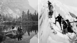 A black-and-white split image: on the left, two people sit on a rock in a calm lake surrounded by trees and mountains; on the right, four people climb a snowy, narrow mountain path with walking sticks.