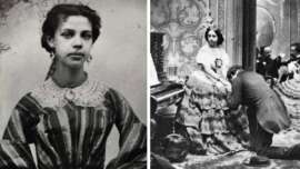 A split image: on the left, a young woman with dark hair in an old-fashioned dress and lace collar; on the right, a man kneels and kisses the hand of a woman in a formal gown at a 19th-century gathering.
