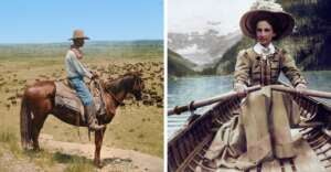 On the left, a cowboy on horseback surveys a herd on an open plain. On the right, a woman in Victorian clothing and a large hat rows a wooden boat on a mountain lake.