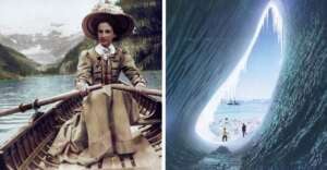 Split image: Left shows a woman in old-fashioned clothing rowing a wooden boat on a lake with mountains behind her. Right shows two people and a ship seen through the icy opening of a frozen cave or tunnel.