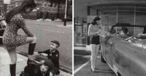 A split image: Left, a woman in a patterned dress puts on a boot as two smiling children playfully help her. Right, a woman in a uniform serves a customer in a classic convertible at a drive-in restaurant. Both images are black and white.