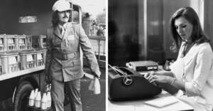 Split image: On the left, a milkman in uniform carries bottles next to a milk truck. On the right, a woman in an office types on a typewriter with paper, a notebook, and office equipment on her desk. Both images are in black and white.
