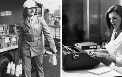 Split image: On the left, a milkman in uniform carries bottles next to a milk truck. On the right, a woman in an office types on a typewriter with paper, a notebook, and office equipment on her desk. Both images are in black and white.