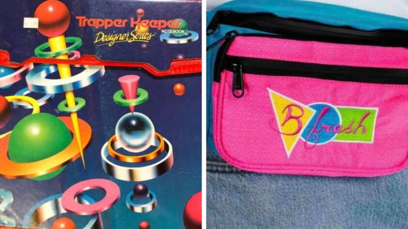 A colorful Trapper Keeper notebook with geometric designs is on the left; on the right is a bright pink and blue fanny pack with "B Fresh" written on it, resting on denim fabric.