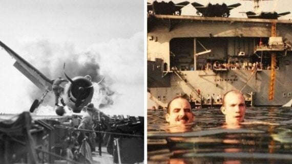 A split image: left shows a vintage fighter plane landing on an aircraft carrier; right shows two men in water with a large aircraft carrier and people on deck behind them.