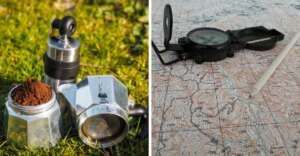 Left: A moka pot with ground coffee and a manual coffee grinder on grass. Right: A compass and a pencil resting on a detailed topographic map.