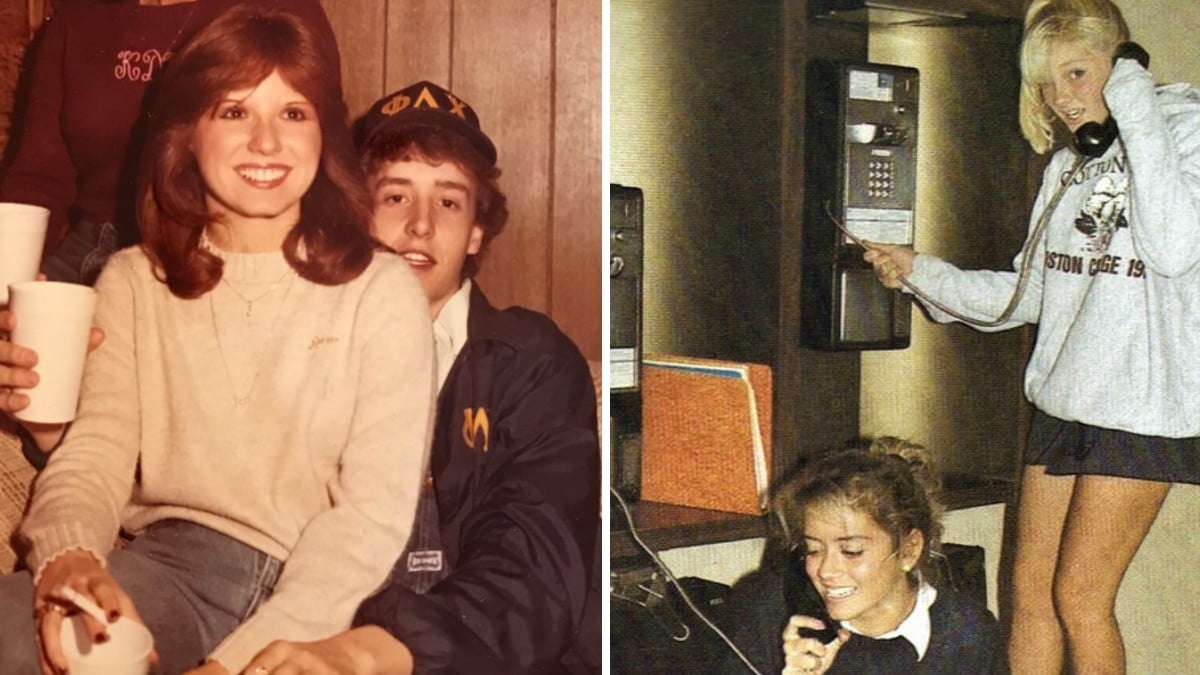 Split image: On the left, a young woman sits smiling on a young man's lap at a casual gathering. On the right, two girls use rotary phones; one stands at a wall phone, the other sits below with a corded phone.