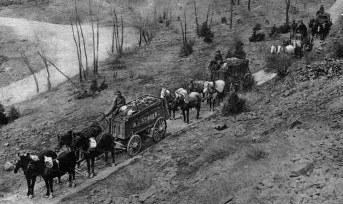 Black and white photo of horse-drawn wagons traveling up a dirt road on a barren, sloped landscape with a few leafless trees and some people riding on the wagons.