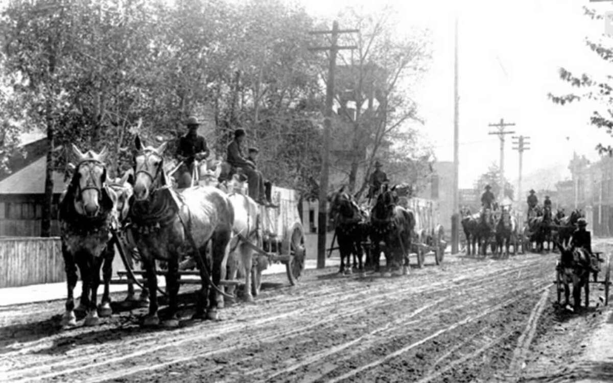 Black-and-white photo of several horse-drawn wagons on a muddy street lined with trees and utility poles, with people riding on the wagons and a child with a bicycle on the right side.
