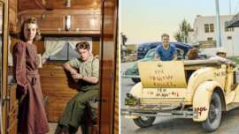 Split image: Left side shows a woman in a dress and a man sitting inside a wooden camper. Right side shows smiling youths in a yellow convertible with "The Yellow Bullet" painted on the back, parked on a street.