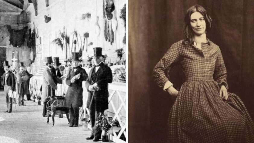 A split image: on the left, several men in suits and top hats stand in a Victorian-era indoor market; on the right, a woman in a checkered dress poses for a vintage portrait with a slight smile.