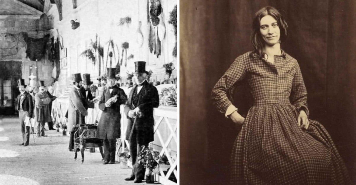 A split image: on the left, several men in suits and top hats stand in a Victorian-era indoor market; on the right, a woman in a checkered dress poses for a vintage portrait with a slight smile.