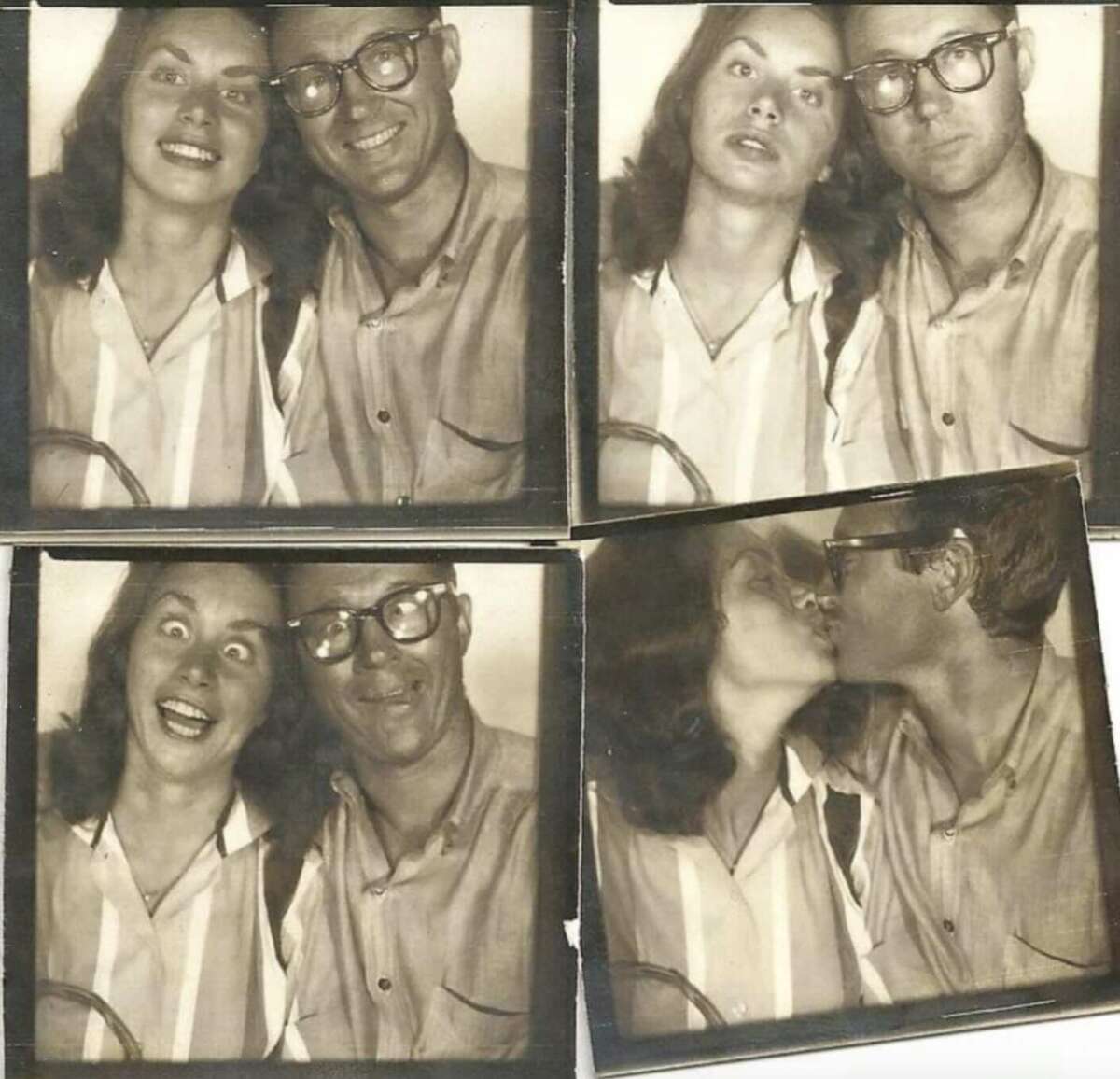 Four black-and-white photo booth images of a smiling woman and man with glasses; they make silly faces in the first three frames and share a kiss in the fourth.