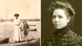 A sepia-toned split image: on the left, an older woman and a young girl stand on a dock by water with rowboats; on the right, a portrait of a young woman in Victorian-era clothing with ruffled details.