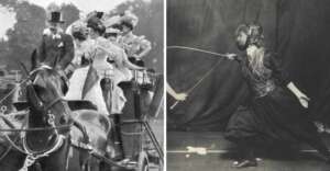 Split image: On the left, elegantly dressed people ride in a horse-drawn carriage, wearing formal hats. On the right, two women in protective gear are fencing indoors, one lunging forward with a foil.