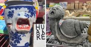A split image: on the left, a blue and white vase with a distorted human face and open mouth; on the right, a statue of a snail with a realistic human baby head, both displayed on store shelves.