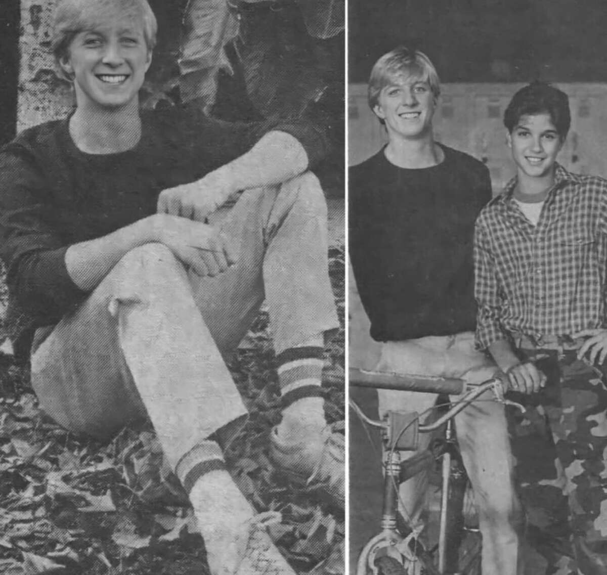 A black and white photo collage: On the left, a smiling young man sits on the ground with crossed legs. On the right, the same young man stands next to another smiling teen, both posing with a bicycle.