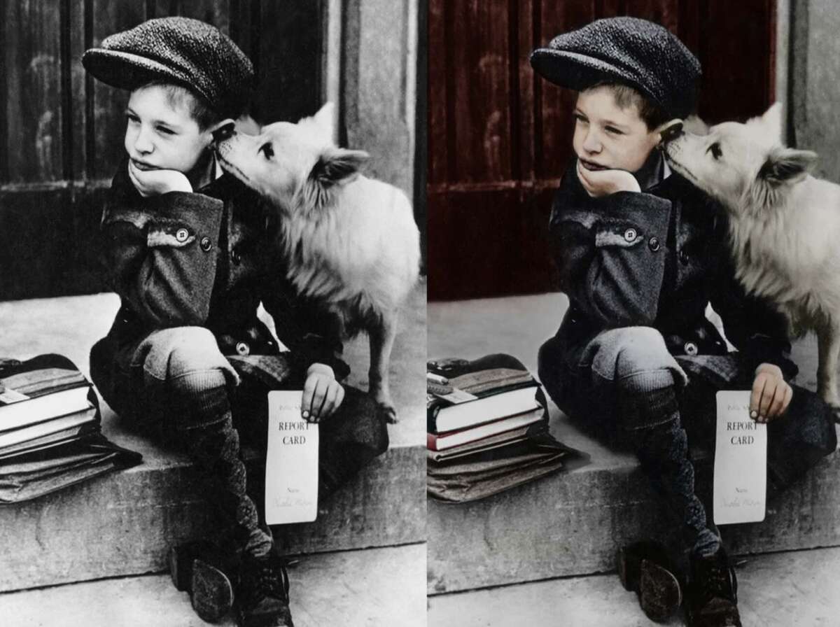 A young boy sits on a step holding a report card, resting his chin on his hand, while a dog nuzzles his ear. The left half of the image is in black and white, and the right half is colorized.