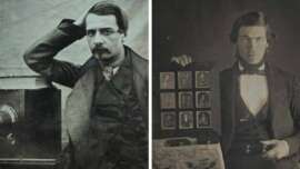 Two vintage portraits: On the left, a man with a mustache leans on his head beside an old camera. On the right, a man in formal attire displays a case of small photographic portraits.