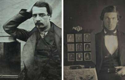 Two vintage portraits: On the left, a man with a mustache leans on his head beside an old camera. On the right, a man in formal attire displays a case of small photographic portraits.