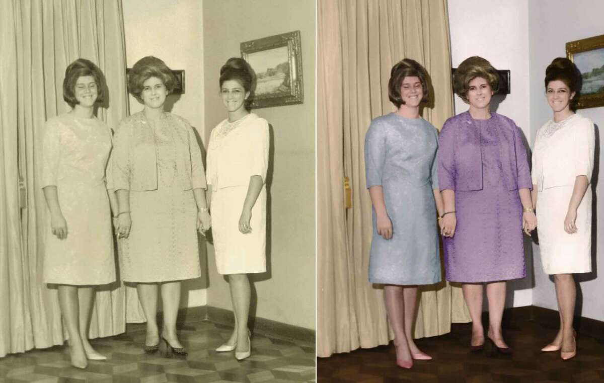 A vintage photo of three women standing indoors is shown side by side; the left side is in faded black and white, while the right side is colorized with women in pastel dresses, posing and smiling in front of a curtain and framed artwork.